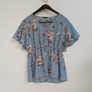 Storybuk Floral Peplum Ruffle Shirt Blue 2XL